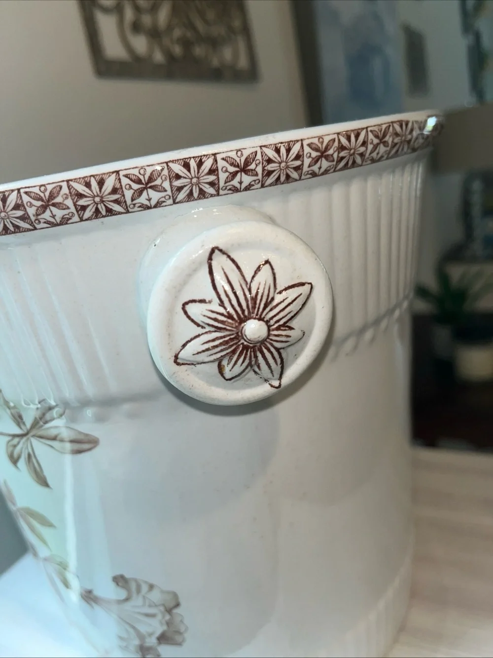 Vintage Johnson Brothers White Ceramic Slop Jar with Brown Floral Motif